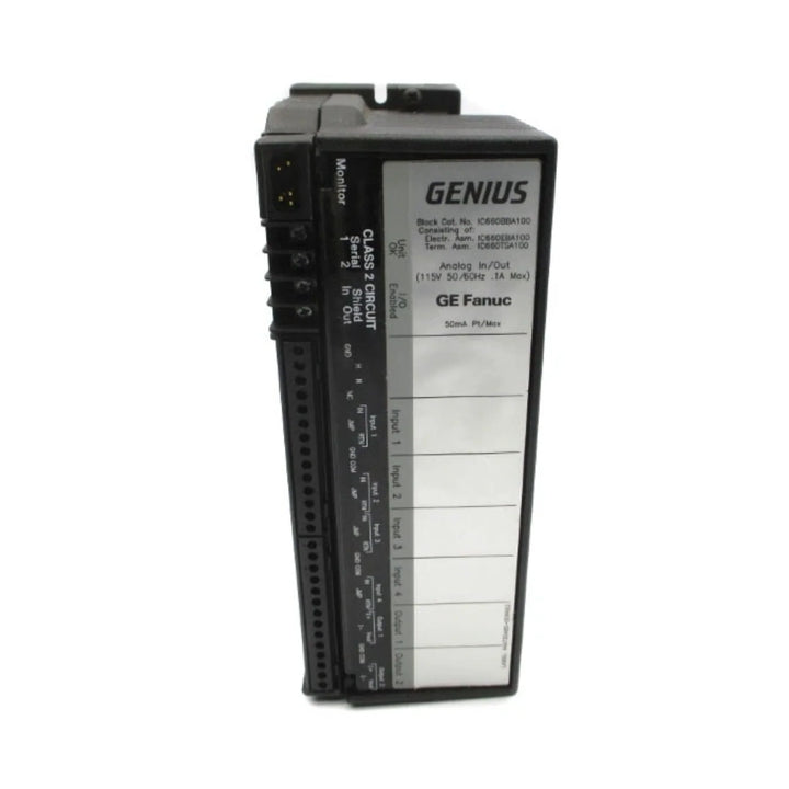 GE IC660BBA100 terminal base for IC660 Genius I/O blocks. Supports wiring and mounting for industrial automation modules.