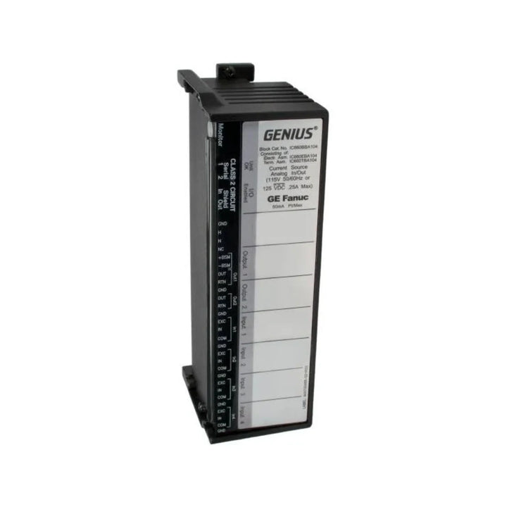 GE IC660BBA104 analog I/O block, 4 inputs and 2 outputs, 4–20 mA, 115 VAC / 125 VDC, Genius I/O module for industrial automation systems.
