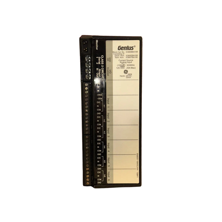 GE IC660BBA106 analog input block, 6-channel 4–20 mA, 115 VAC / 125 VDC, Genius I/O module for industrial automation systems.