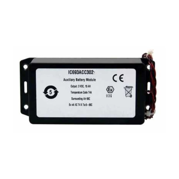 GE IC693ACC302 3V lithium battery for Series 90-30 CPU and memory modules, provides data and clock retention during power outages.