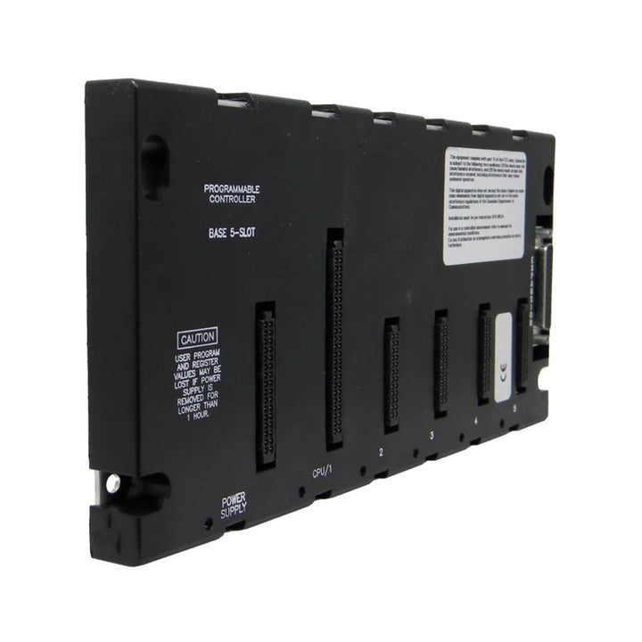 GE IC693CHS397 5-slot baseplate for Series 90-30 PLCs, supports CPU and I/O modules, compact standard rack for industrial automation.