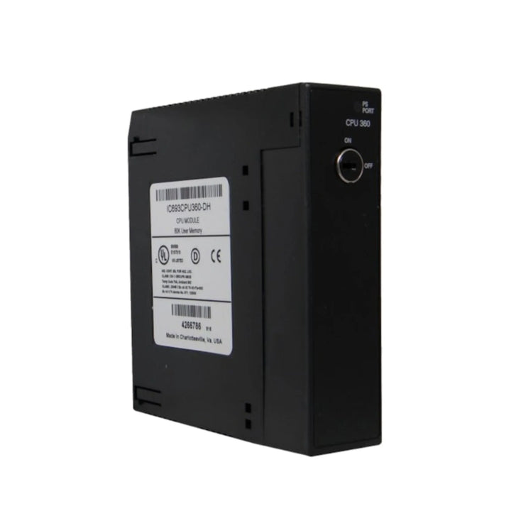 GE IC693CPU360 CPU module for Series 90-30 PLCs, 240KB memory, RS-232 SNP communication, real-time clock, and floating point math support.