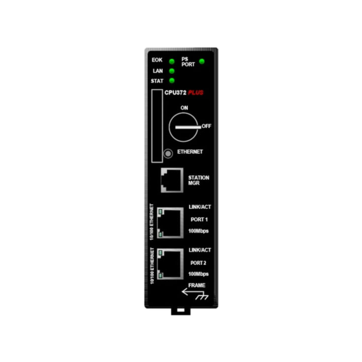 GE IC693CPU372 CPU module for Series 90-30, 240KB memory, built-in Ethernet and RS-232 ports, floating point, real-time clock.