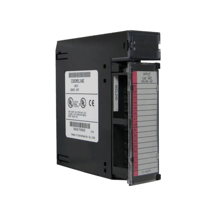 GE IC693MDL240 8-point 120VAC triac output module for Series 90-30 PLCs, group-isolated, with LED indicators.