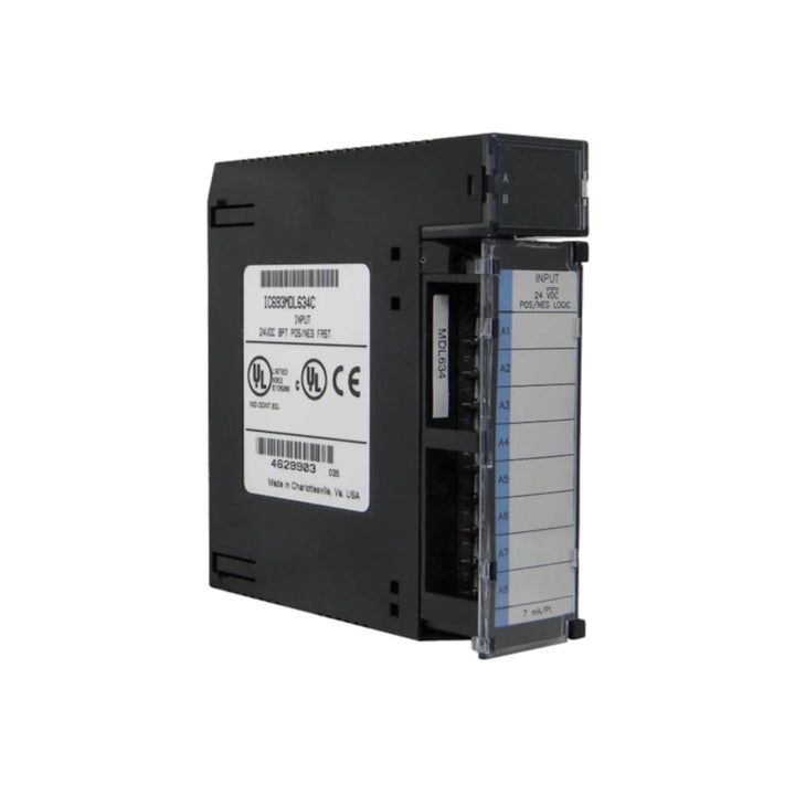 GE IC693MDL634 24VDC 16-point input module for Series 90-30 PLCs, supports positive/negative logic, with status LEDs.