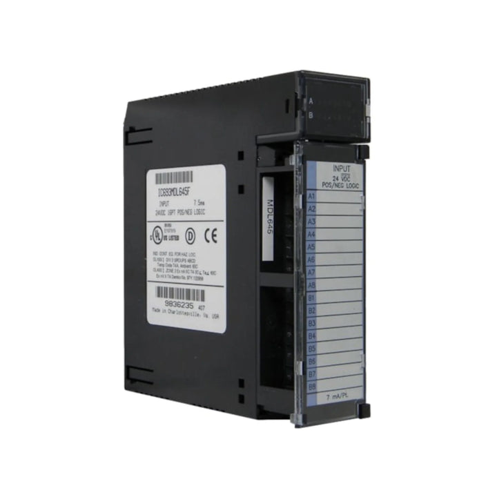 GE IC693MDL645 16-point 24VDC sourcing output module for Series 90-30, with LED indicators and electronic protection.