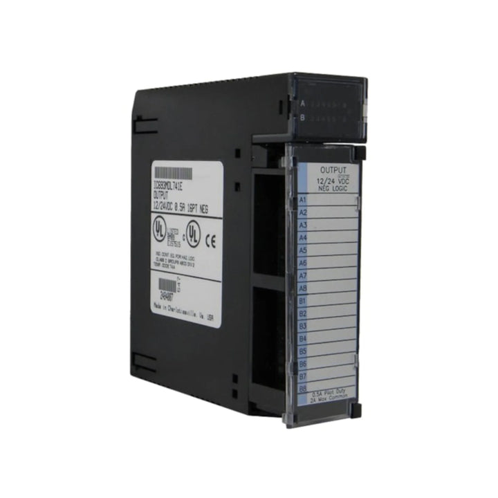 GE IC693MDL741 16-point 12/24VDC sourcing output module for Series 90-30, with LED status indicators and short-circuit protection.