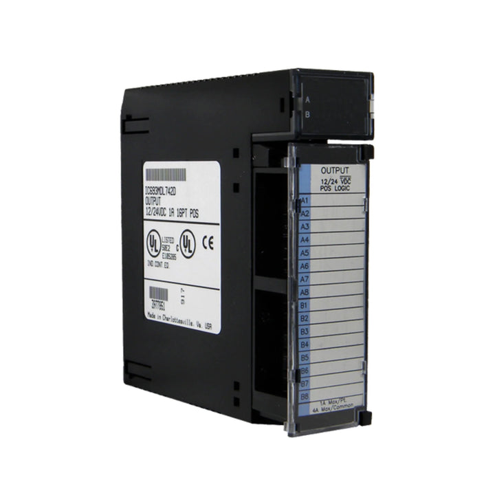 GE IC693MDL742 16-point 12/24VDC sourcing output module for Series 90-30 PLCs, with LED indicators and built-in protection.