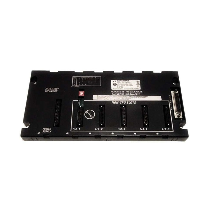 GE IC694CHS398 5-slot RX3i serial expansion baseplate for remote I/O modules in PACSystems automation platforms.