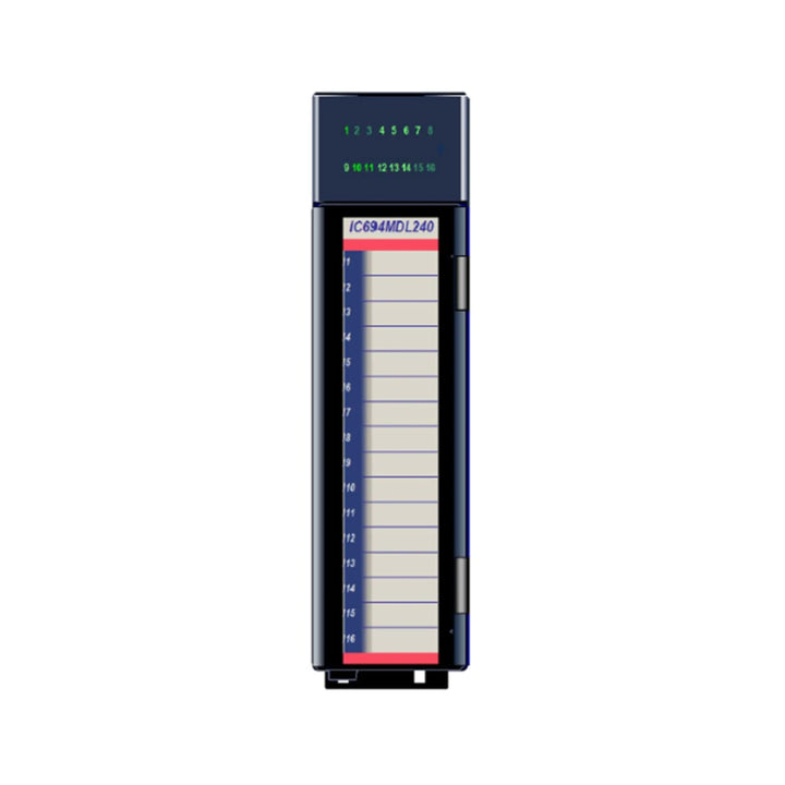 GE IC694MDL240 16-point 120VAC triac output module for RX3i, group-isolated, with LED status indicators.