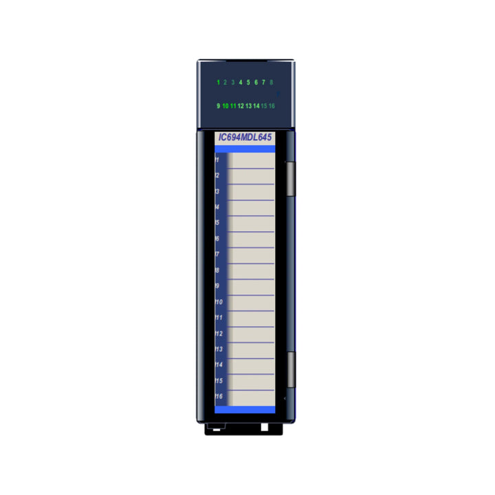 GE IC694MDL645 32-point 24VDC discrete input module for RX3i, positive logic sinking inputs with group isolation and LED indicators.