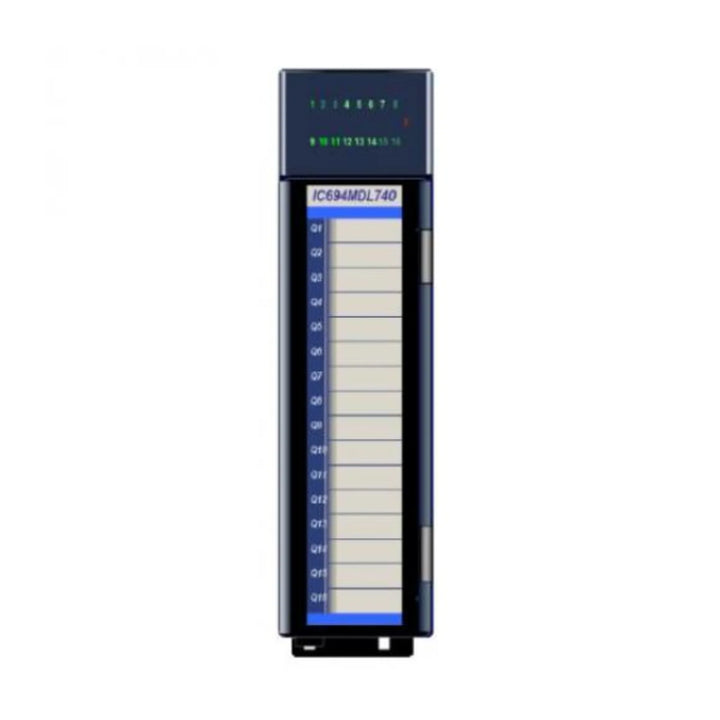 GE IC694MDL740 32-point 24VDC sinking output module for RX3i, negative logic, group-isolated with status LEDs.