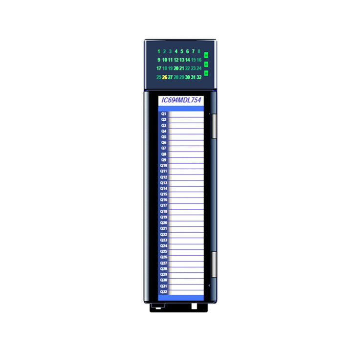 GE IC694MDL754 32-point 24VDC input module for RX3i, positive logic, group-isolated with diagnostic LEDs.