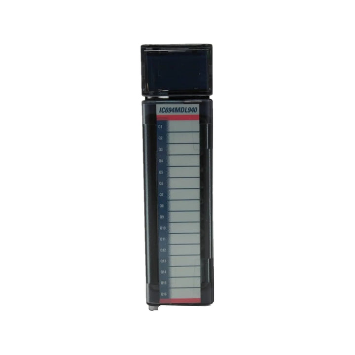 GE IC694MDL940 16-point relay output module for RX3i, AC/DC load switching, 2A rated, group-isolated with LED indicators.