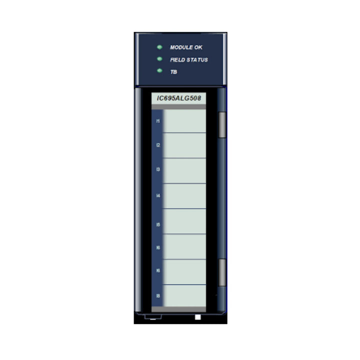 GE IC695ALG508 8-channel analog output module for RX3i, voltage/current output, 15-bit resolution, group-isolated.