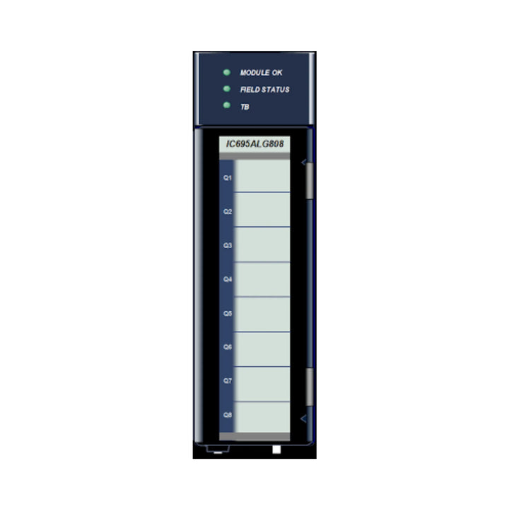 GE IC695ALG808 8-channel isolated analog output module for RX3i, voltage/current outputs, high-resolution DAC, fault diagnostics.