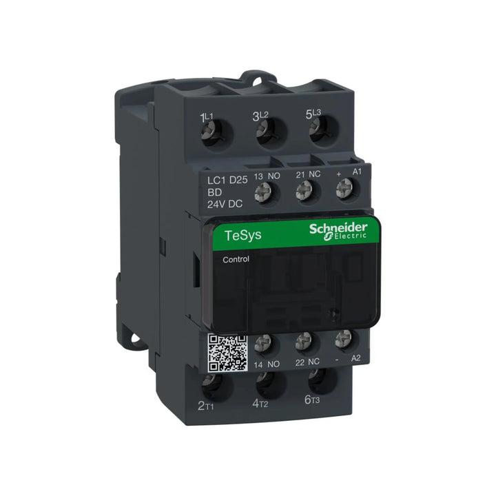 Schneider LC1D25BD 3-pole contactor with 24V DC coil, 25A rating, for motor control and automation in TeSys D series systems.