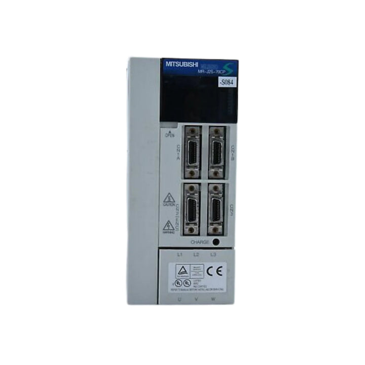 Mitsubishi MR-J2S-70CP-S084 servo amplifier, 750W, CC-Link compatible, 200–230V, built-in positioning for motion control systems.