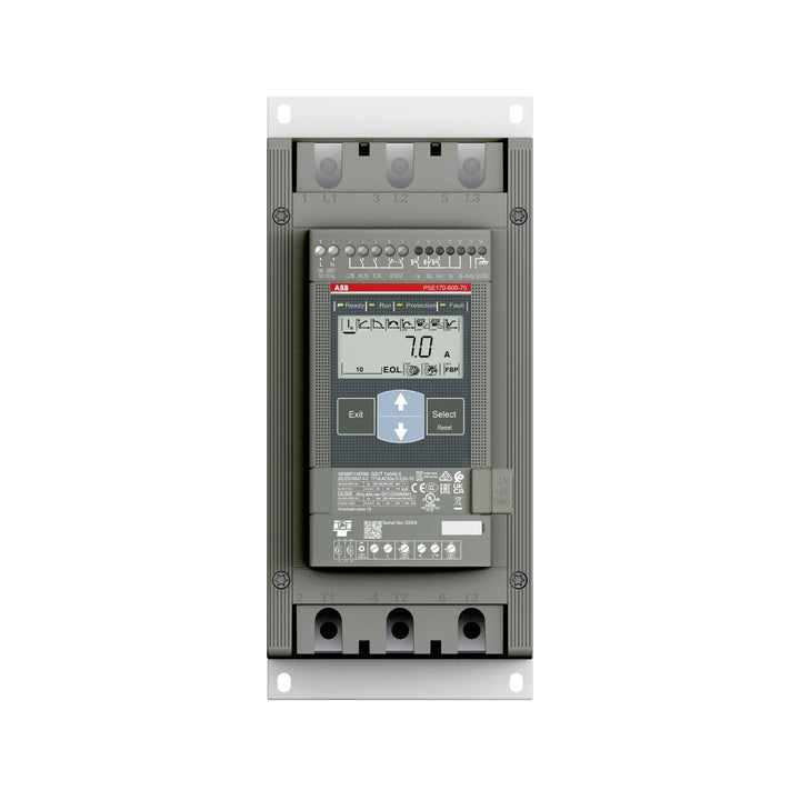 ABB PSE170-600-70 170 A softstarter with built-in bypass, 600 V rating, for efficient motor starting in industrial control panels.