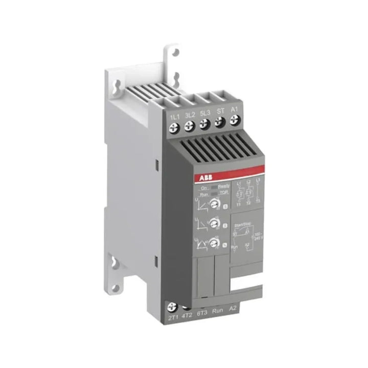 ABB PSR12-600-70 compact soft starter, 5.5 kW, 12 A, 600 V with built-in bypass, ideal for efficient motor start and stop in industrial automation.