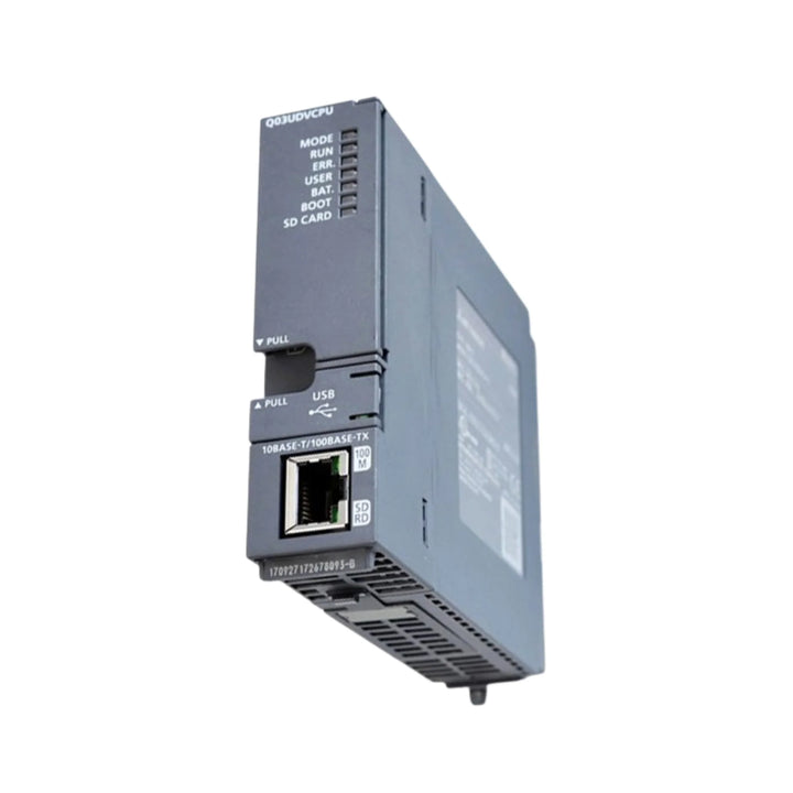 Mitsubishi Q03UDVCPU CPU module, Q Series, 112k steps, USB &amp; Ethernet ports, dual power support (5V/24V), high-speed processing.