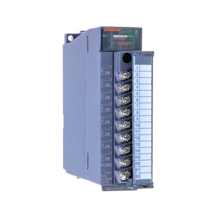 Mitsubishi Q68DAIN analog output module, 8-channel, 16-bit resolution, voltage and current output, Q Series PLC.