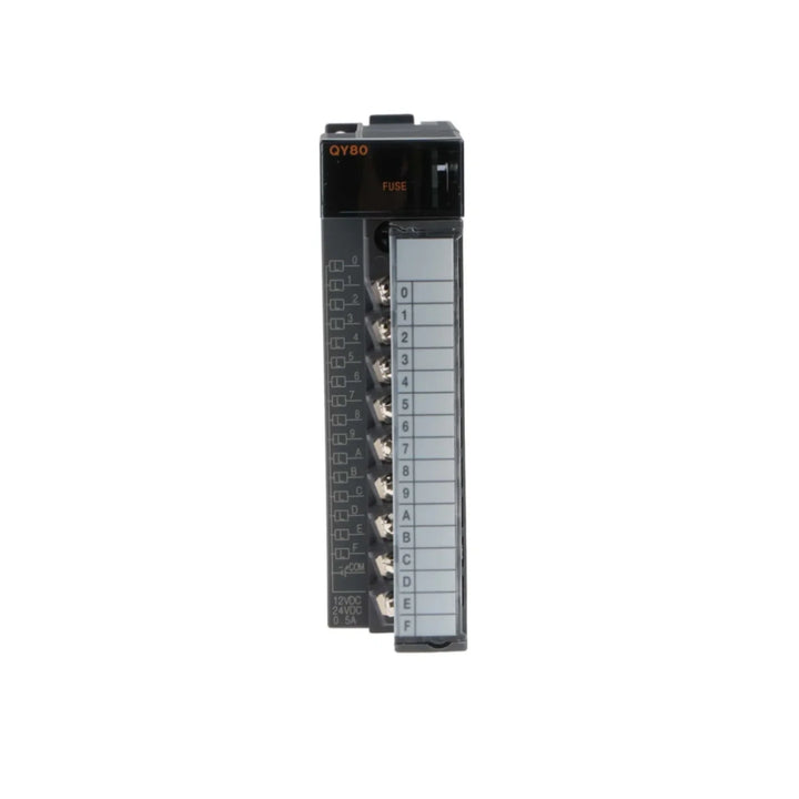 Mitsubishi QY80 digital output module, 32 channels, 24V DC sink, compact output for MELSEC-Q Series PLCs.