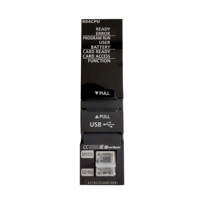 Mitsubishi R04CPU PLC CPU module, 40K steps, 0.98 ns LD instruction speed, 4,096 I/O points, built-in Ethernet &amp; USB ports.
