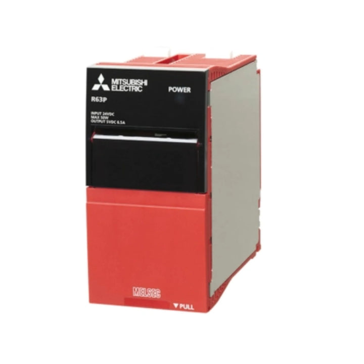 Mitsubishi R63P power supply module for R Series PLC, 100–240V AC input, compact DIN rail unit