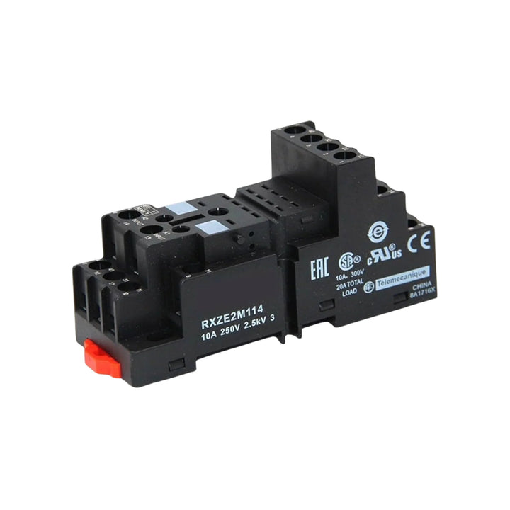 Schneider Electric RXZE2M114 14-pin relay socket with screw clamp terminals, rated for 10A at 250V AC, compatible with RXM2 and RXM4 relays.