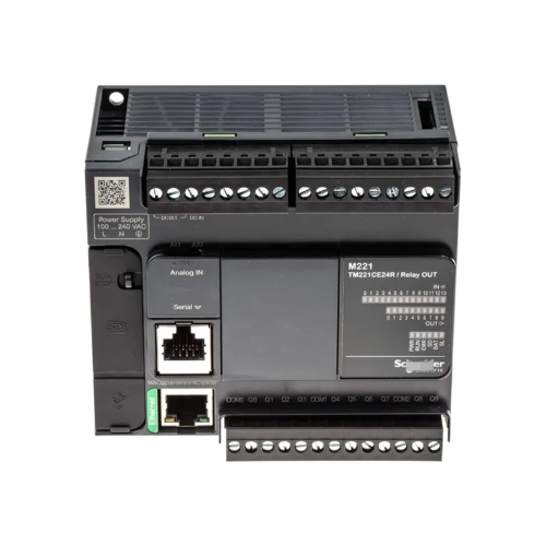 Schneider Electric TM221C24T Modicon M221 PLC with 24 transistor outputs, 24V DC, and serial/USB ports for compact automation control.