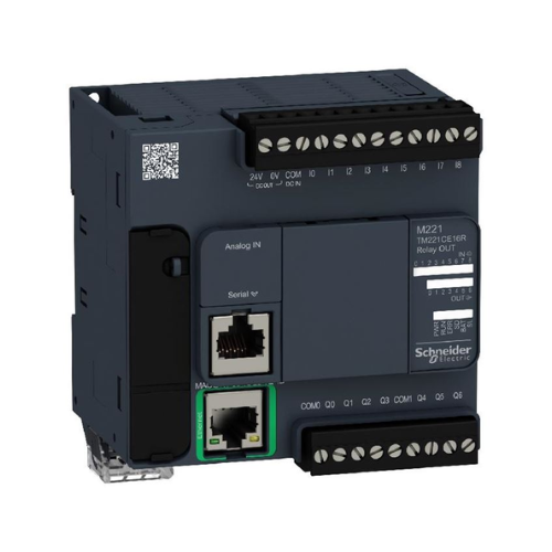 Schneider Electric TM221CE16R Modicon M221 PLC with 16 I/O, Ethernet, serial, and USB ports for compact and flexible machine automation.