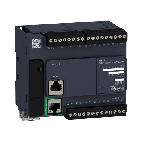 Schneider Electric TM221CE24T Modicon M221 PLC with 14 inputs, 10 PNP transistor outputs, and Ethernet connectivity for versatile industrial automation.
