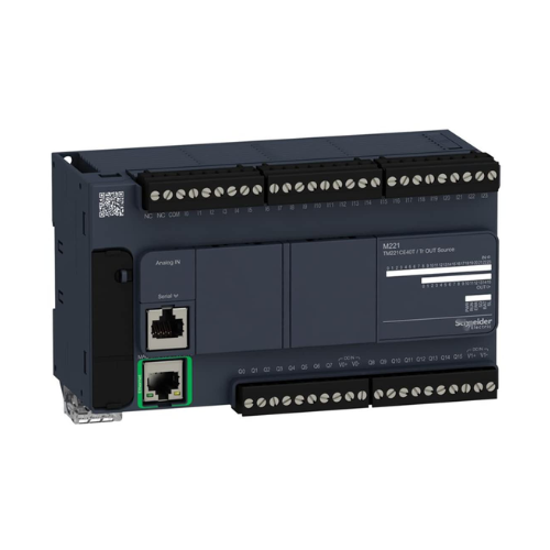 Schneider Electric TM221CE40T Modicon M221 PLC with 24 inputs, 16 PNP transistor outputs, and Ethernet connectivity for industrial automation.