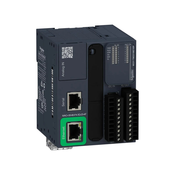 Schneider TM221ME16R PLC with 8 digital inputs, 8 relay outputs, Ethernet, serial, and USB. Compact Modicon M221 controller for automation.