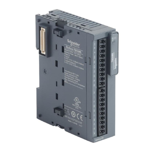Schneider Electric TM3AM6 Modicon analog I/O module with 4 inputs and 2 outputs for industrial automation and process control applications.
