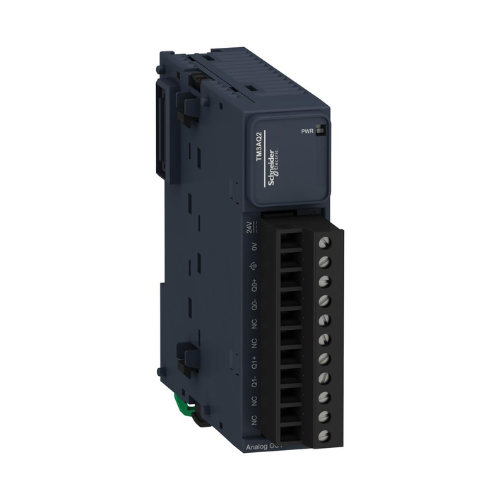 Schneider Electric TM3AQ2 analog output module with 2 channels, 0–10 V and 4–20 mA, for Modicon M221/M241/M251 PLCs.
