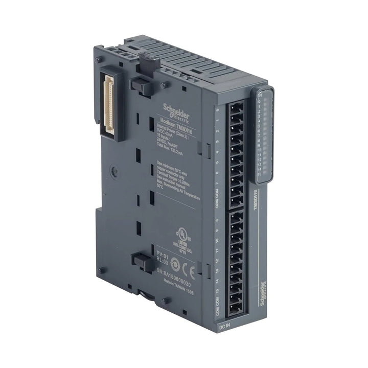 Schneider Electric TM3DI16 digital input module, 16 x 24V DC inputs, compact DIN-rail unit for Modicon M221, M241, and M251 PLC expansion.
