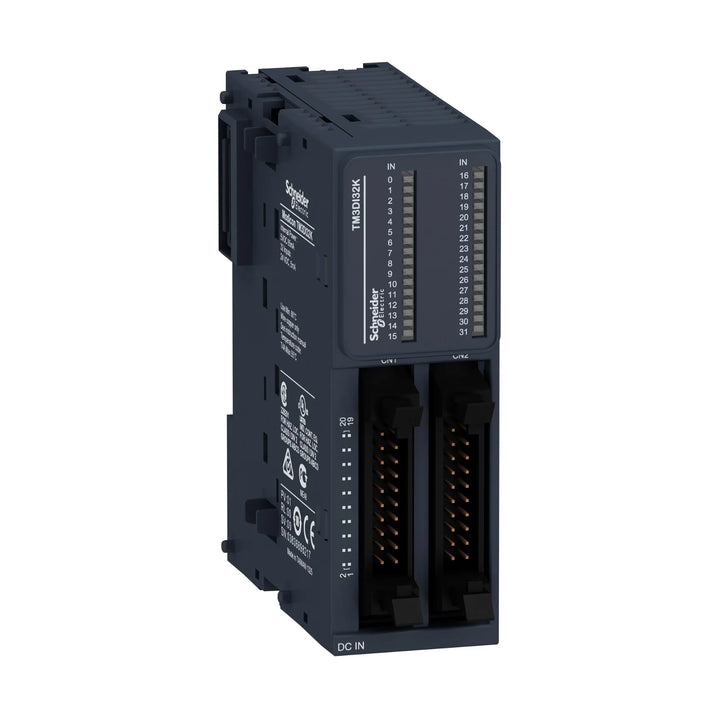 Schneider TM3DI32K digital input module with 32 channels, 24V DC sink/source logic, HE10 connector, TM3 series for Modicon PLCs.