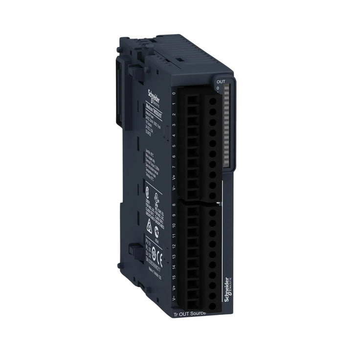 Schneider Electric TM3DQ16T digital output module with 16 x 24V DC transistor outputs for high-speed control on Modicon M221, M241, M251 PLCs.