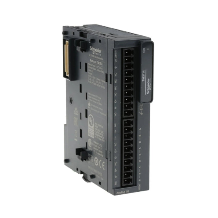 Schneider Electric TM3TI4 analog input module, 4 channels for temperature sensors, 24V DC supply, 16-bit resolution, for Modicon M221/M241/M251 PLCs.