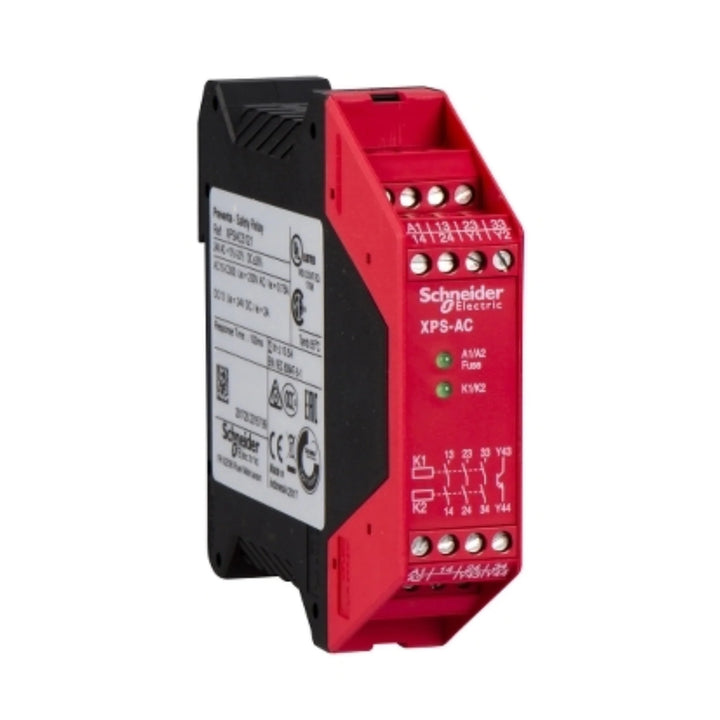Schneider Electric XPSAC5121 safety relay, 24V DC with 2NO + 1NC contacts for emergency stop applications in industrial automation.